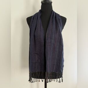 Geoffrey Beene Navy Striped Scarf with Fringe Made in Italy 729